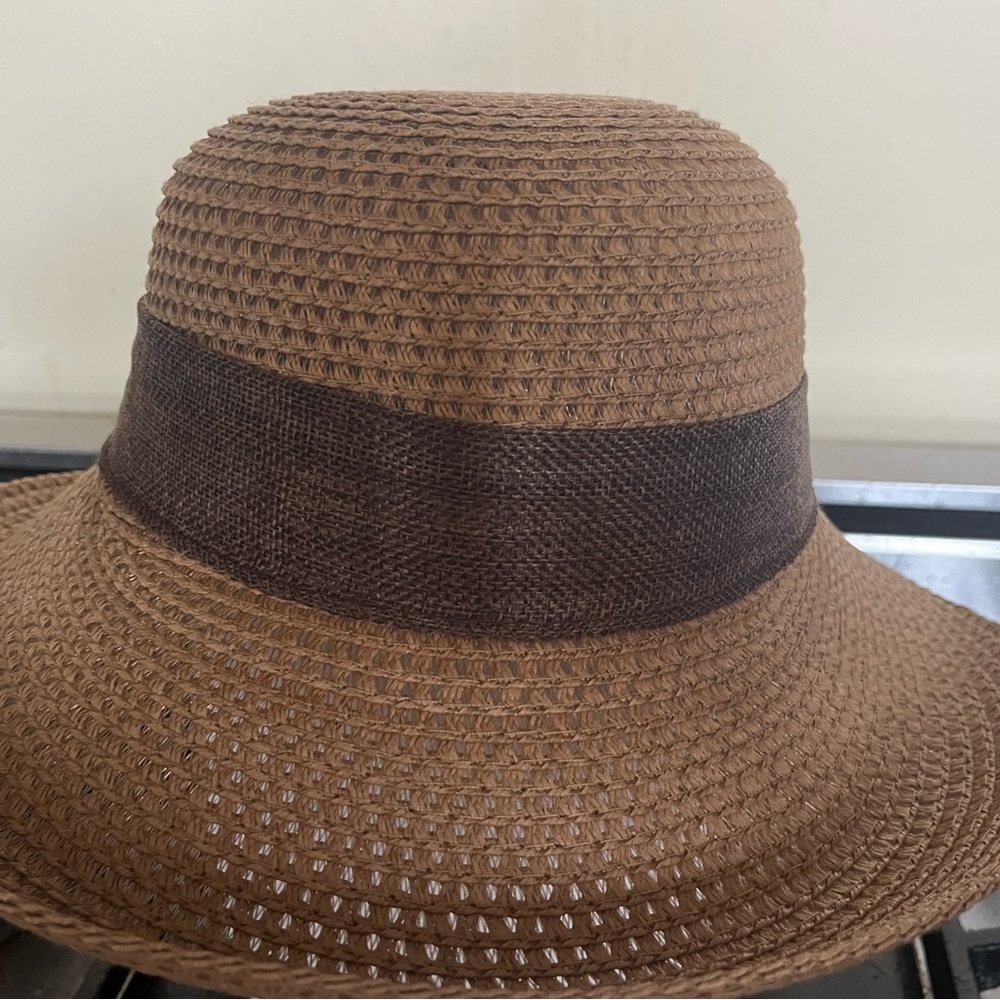 Wide-Brimmed Brown Straw Hat with Dark Band